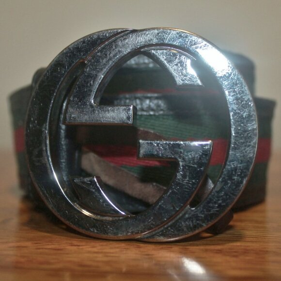 Vintage $550 Gucci Unisex Webbed Belt w Bold GG Buckle - Picture 1 of 8